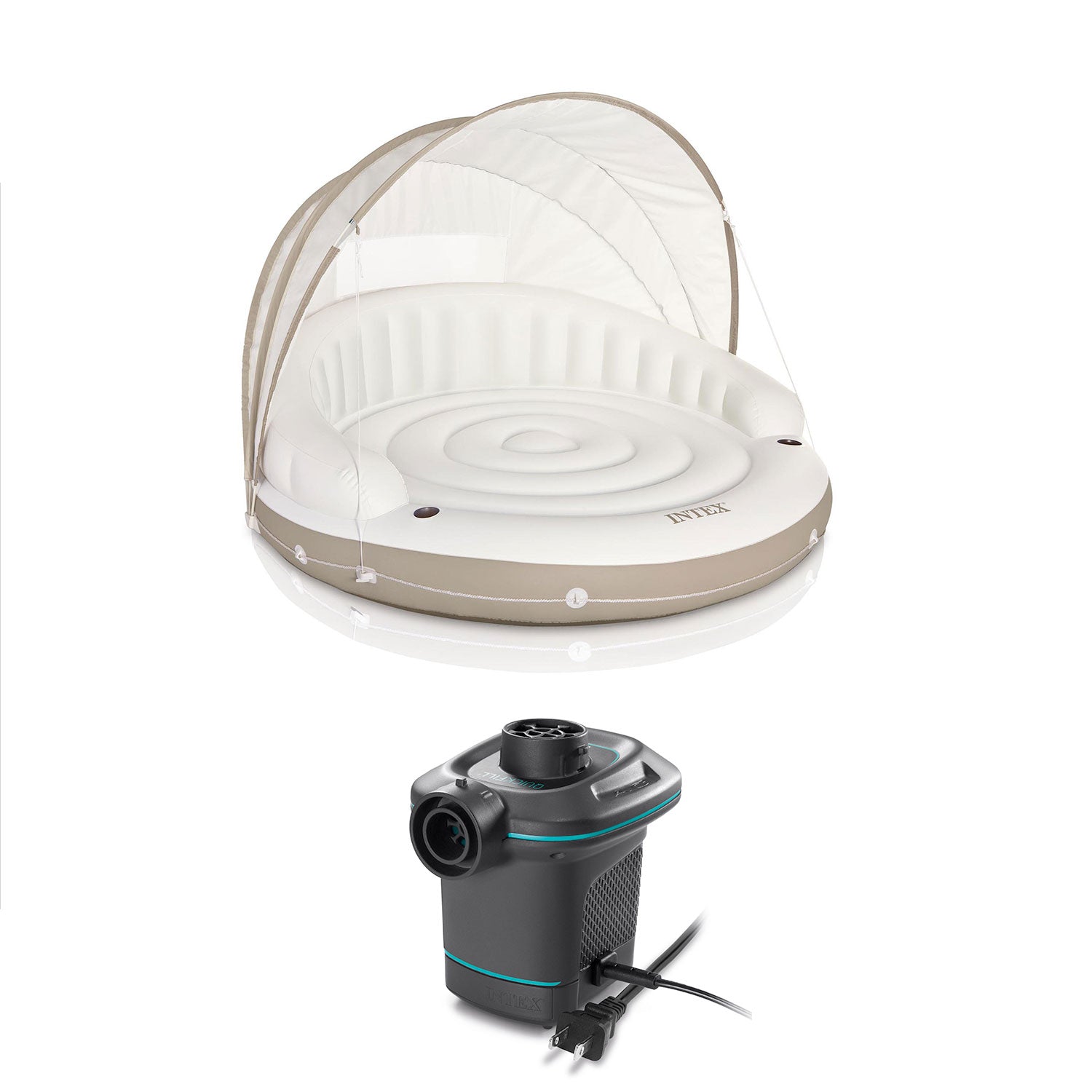 Intex Inflatable Canopy Island Float Lounge + AC Electric Air Pump w/ 3 Nozzles - VMInnovations