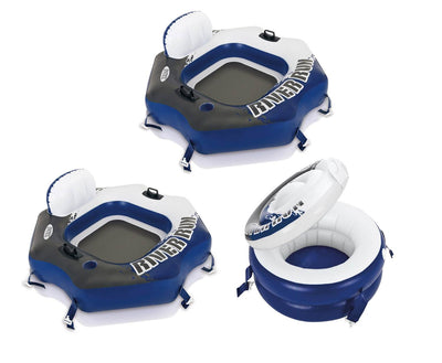 Two Intex River Run Connect Lounge Inflatable Floating Water Tubes and Cooler