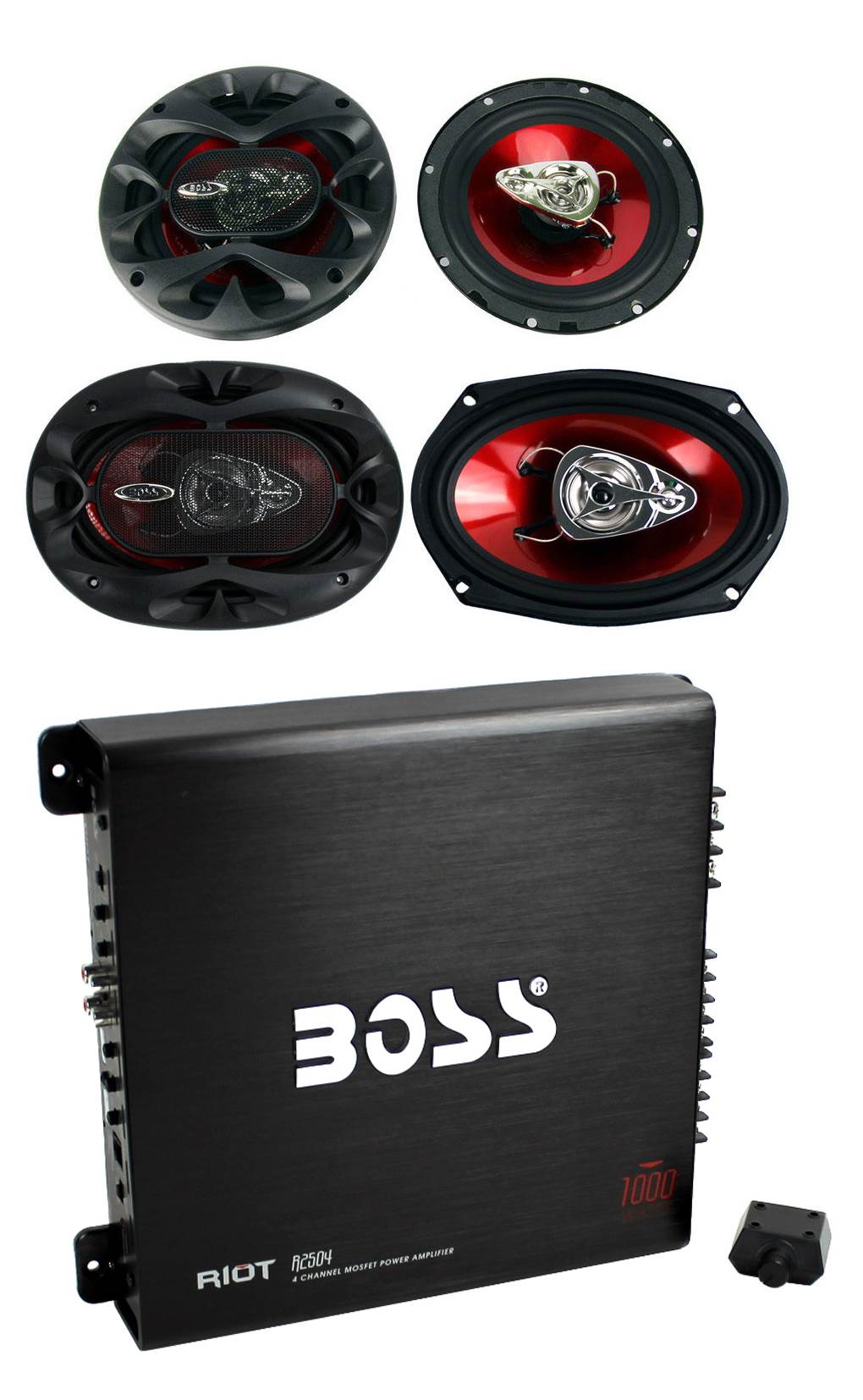 2) Boss CH6530 6.5" 250W + 2) 6x9" 350W 3-Way Car Speakers +1000W 4-Ch Amplifier