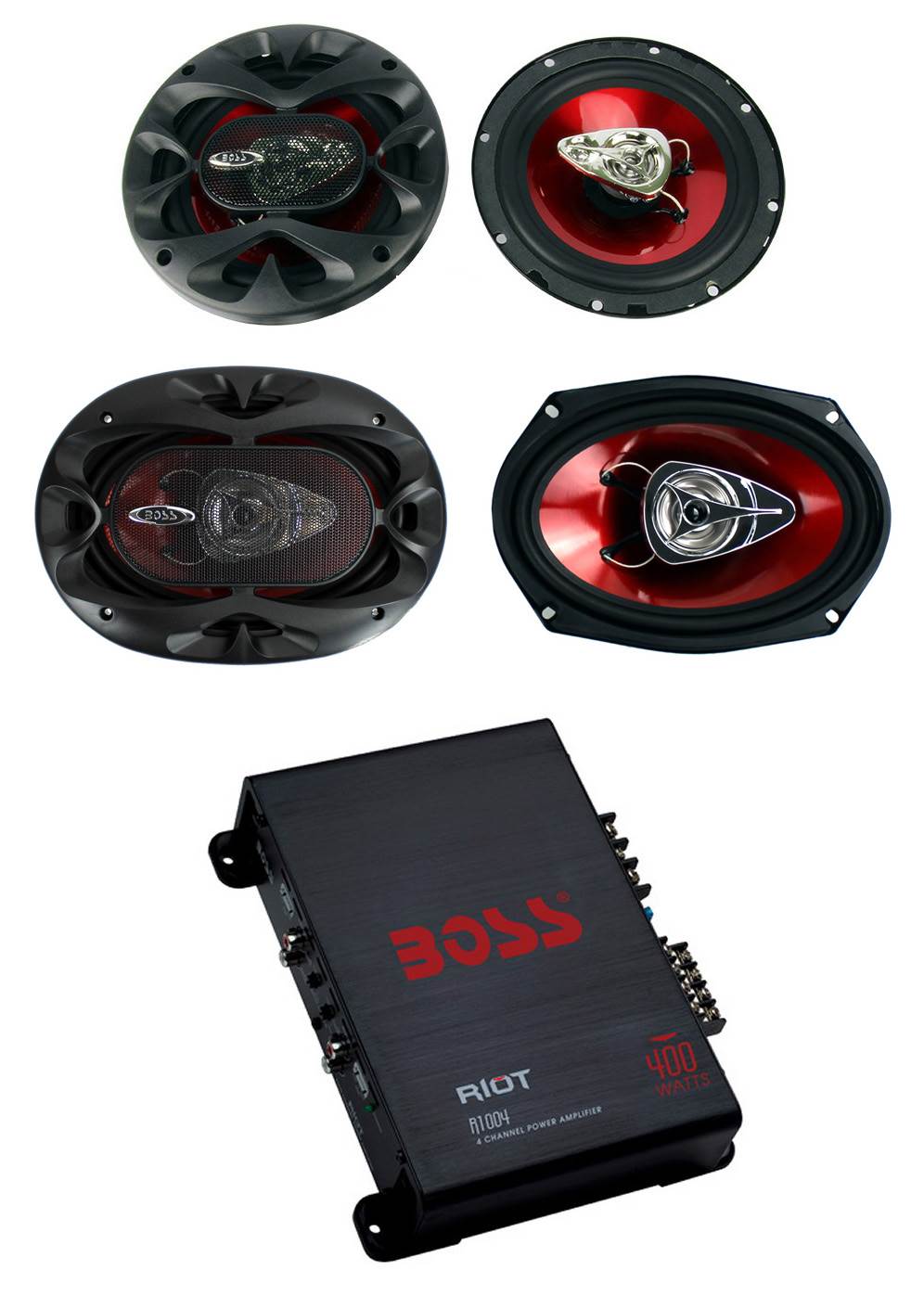 2) Boss CH6530 6.5" 300W + 2) CH6920 6x9" 350W 2-Way Speakers + R1004 400W Amp