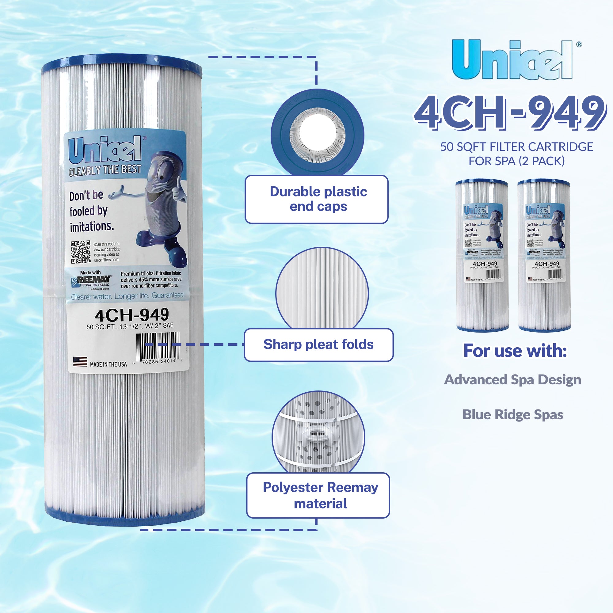 Unicel 4CH-949 Replacement 50 SqFt Filter Cartridge for Spa, 210 Pleats (2 Pack)