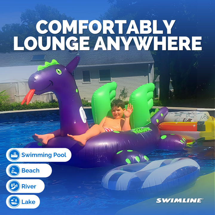Swimline Giant 115" Inflatable Sea Dragon Ride-On Pool Float Lake Raft, Purple - VMInnovations