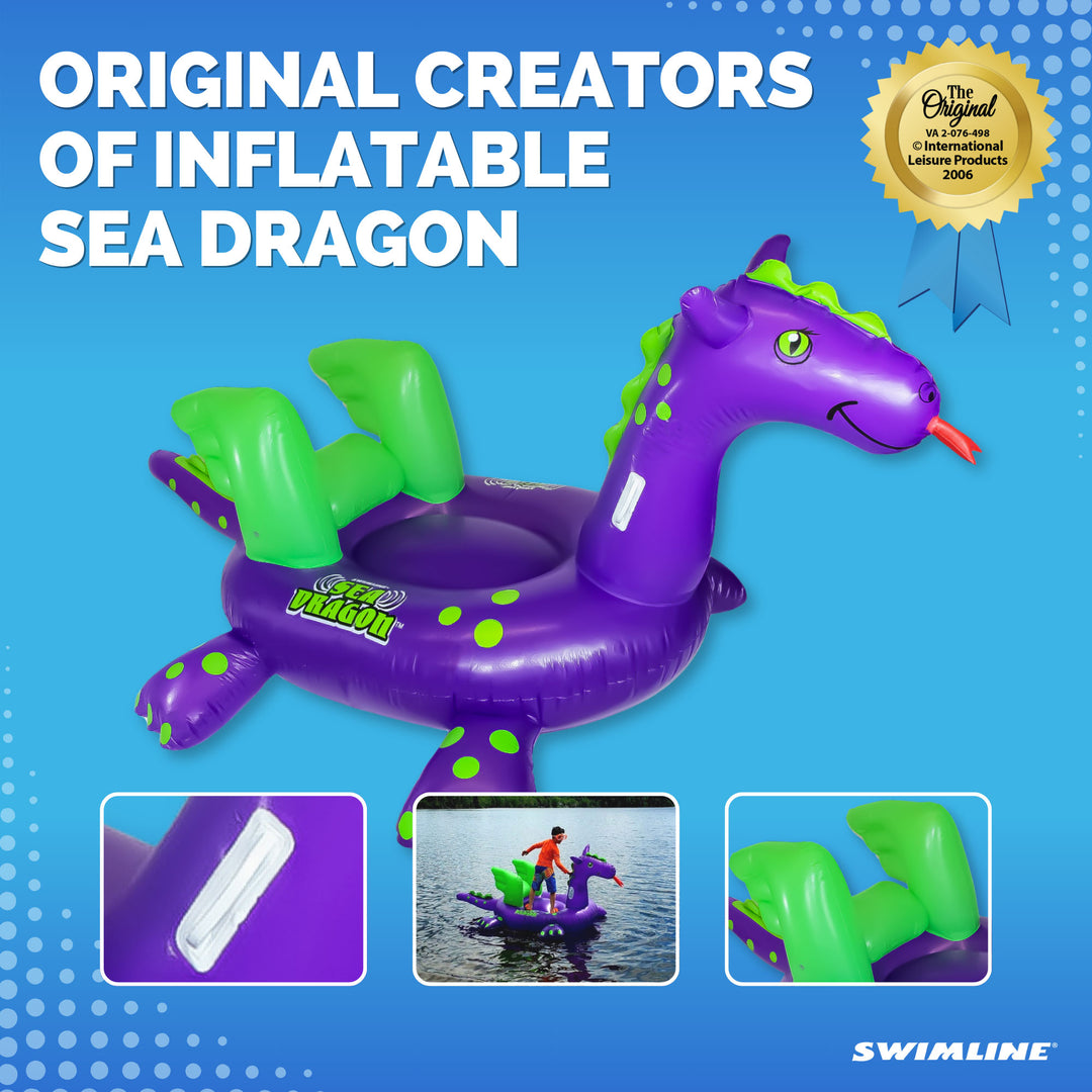 Swimline Giant 115" Inflatable Sea Dragon Ride-On Pool Float Lake Raft, Purple - VMInnovations