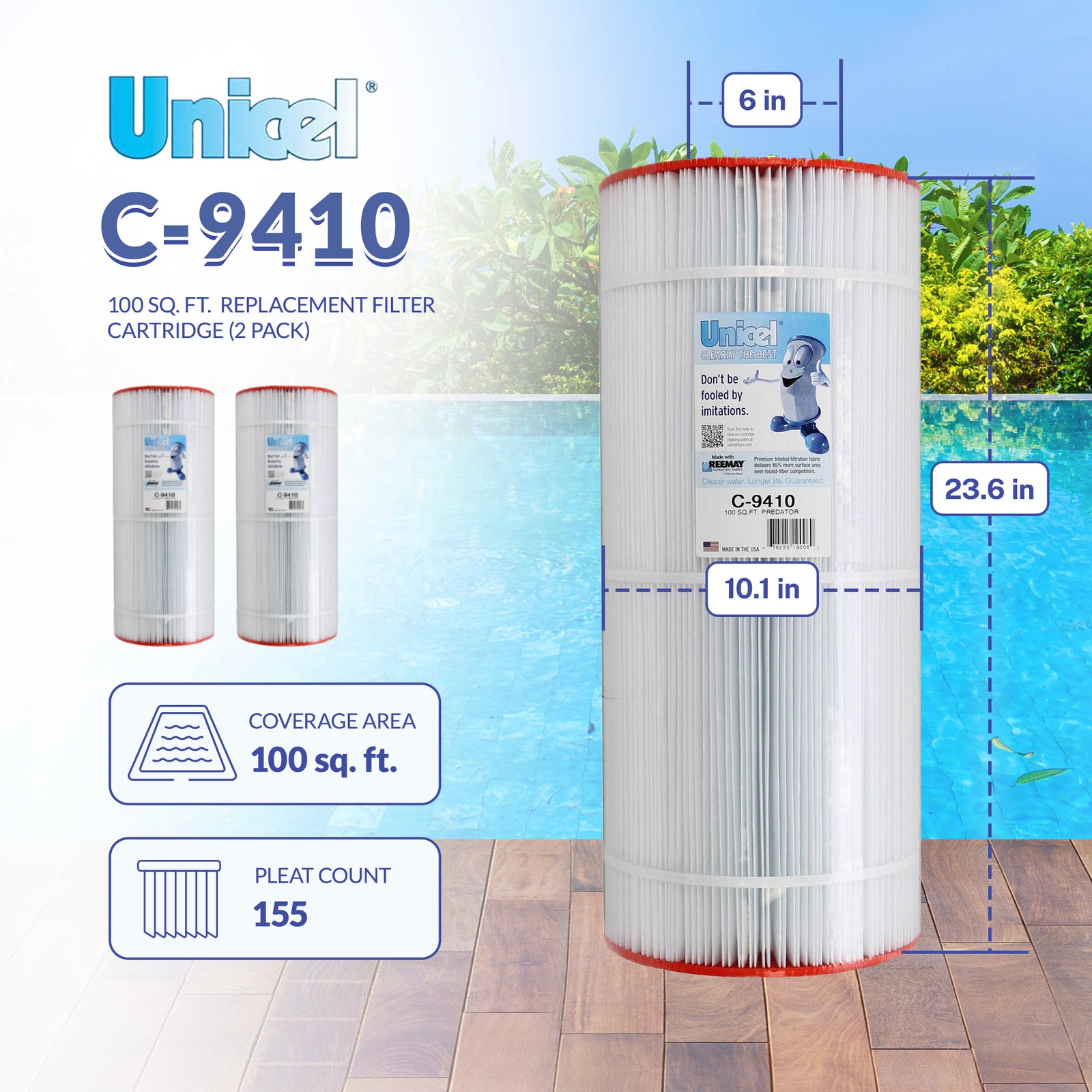 Unicel C-9410 Replacement 100 Sq Ft Pool Filter Cartridge, 155 Pleats, 2 Pack - VMInnovations