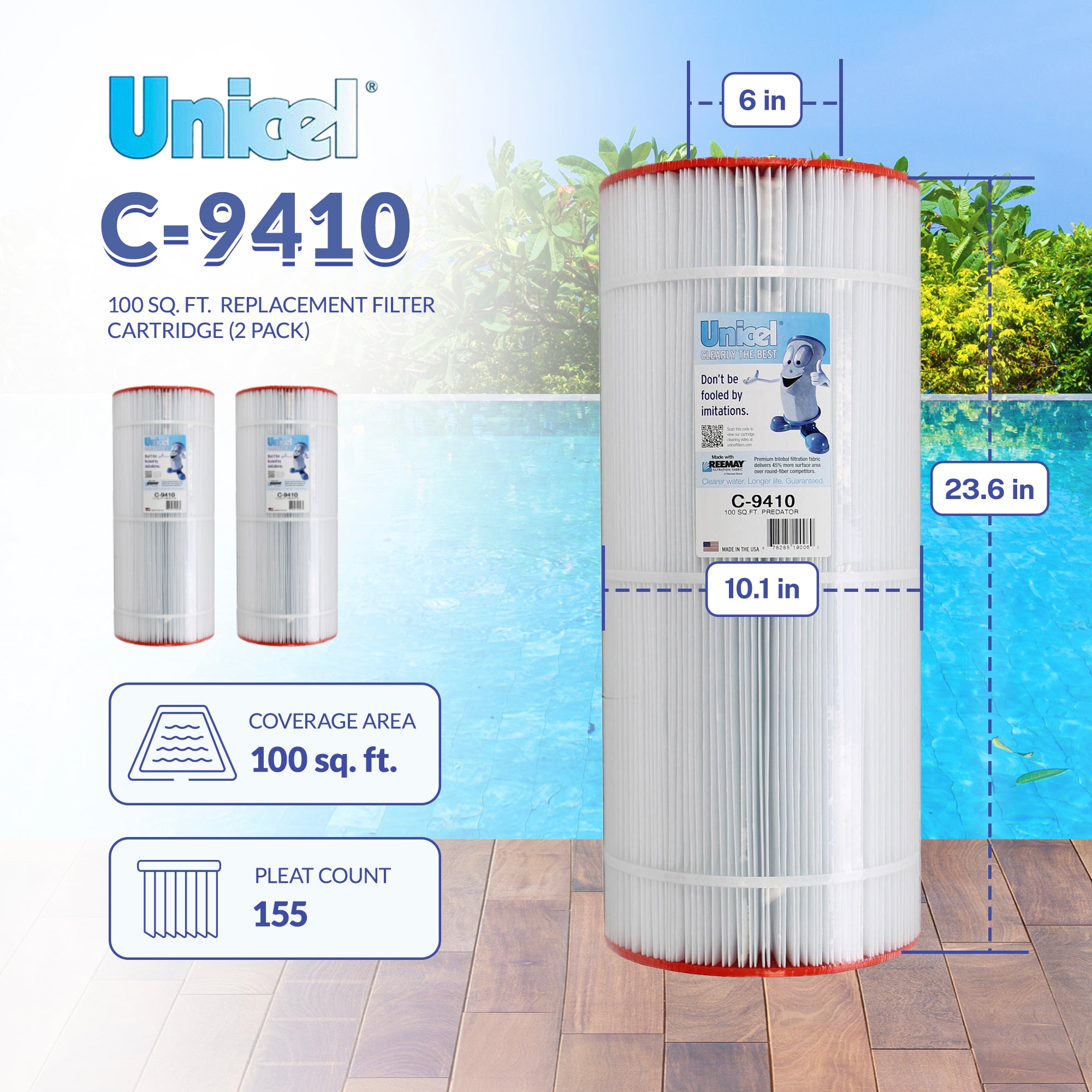 Unicel C-9410 Replacement 100 Sq Ft Pool Filter Cartridge, 155 Pleats, 2 Pack - VMInnovations