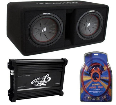 Kicker 10" 1600W Dual Car Subwoofer Enclosure and 3000W Mono Amp w/ Wiring Kit