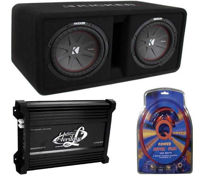 Kicker 10" 1600W Dual Car Subwoofer Enclosure and 3000W Mono Amp w/ Wiring Kit