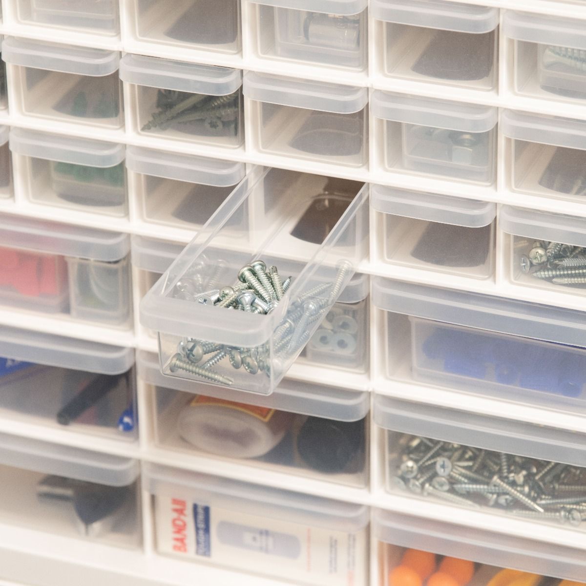 Iris 44 Drawer Clear Plastic Craft Garage Workshop Storage System Cabinet, White
