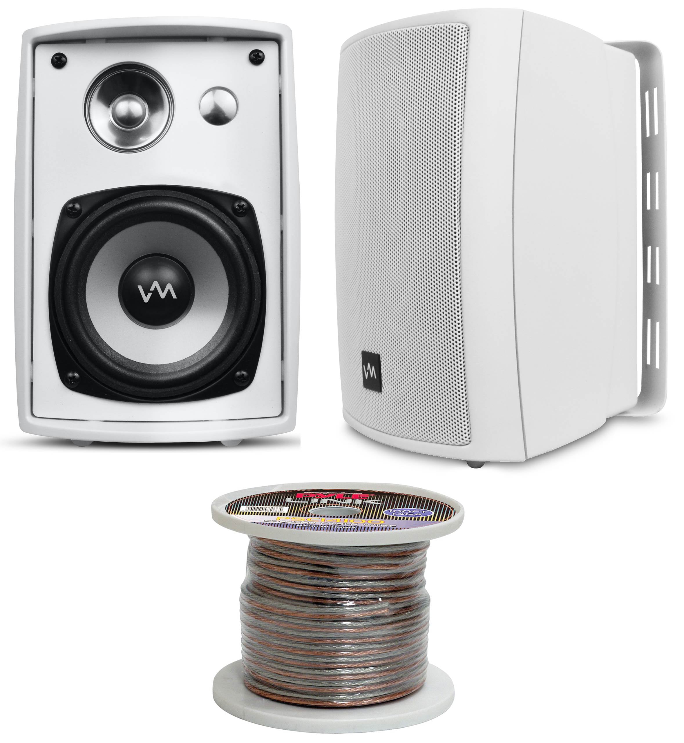 VM Audio SR-WOD4 White Pair Waterproof Indoor/Outdoor Speakers + 100 Ft. Wiring