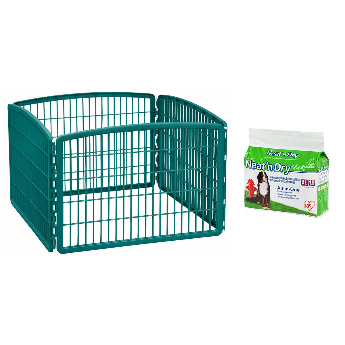 IRIS USA 4-Panel Pet Playpen, Everglade Green & 100 Count Dog Training Pads