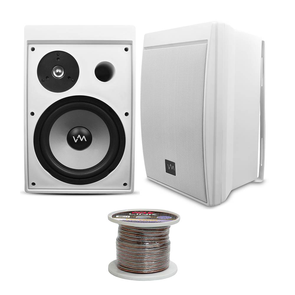 VM Audio 360W Waterproof Indoor/Outdoor Porch Deck Speaker Set + 14-Gauge Wire
