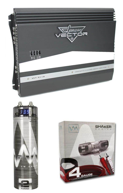 Lanzar VCT4110 2000W 4-Ch Car Audio Amplifier + 2-Farad Capacitor + 4 Ga Amp Kit