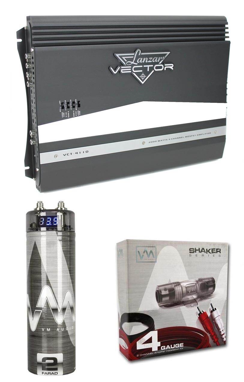 Lanzar VCT4110 2000W 4-Ch Car Audio Amplifier + 2-Farad Capacitor + 4 Ga Amp Kit