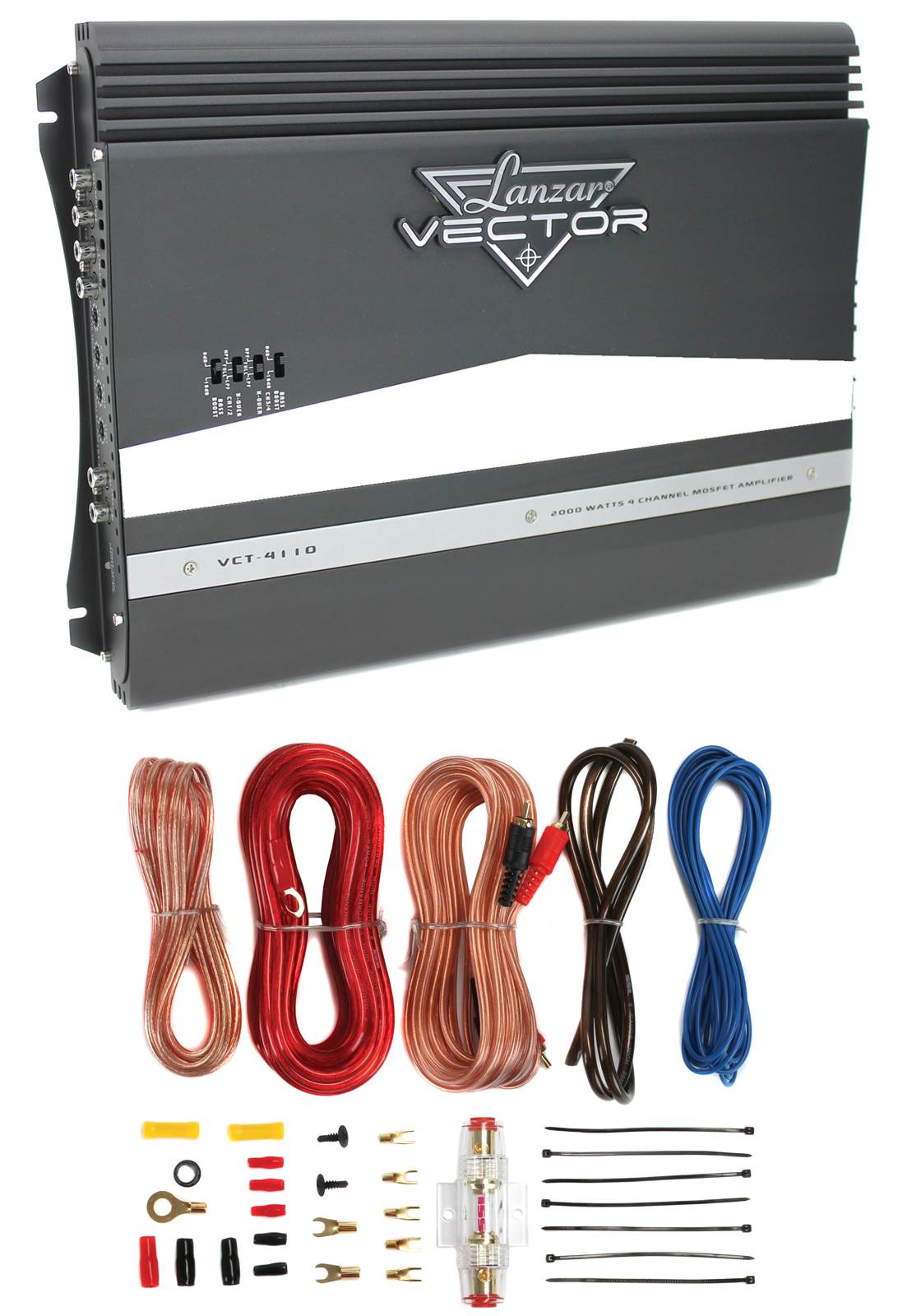 Lanzar VCT4110 2000W 4-Channel Car Audio Amplifier Amp and 8 Gauge Amp Kit