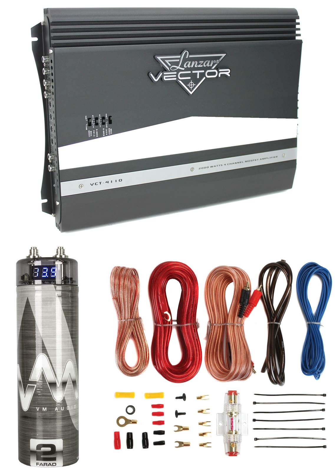 Lanzar VCT4110 2000W 4-Channel Car Amplifier + 2-Farad Capacitor + 8 Ga Amp Kit