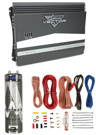 Lanzar VCT4110 2000W 4-Channel Car Amplifier + 2-Farad Capacitor + 8 Ga Amp Kit