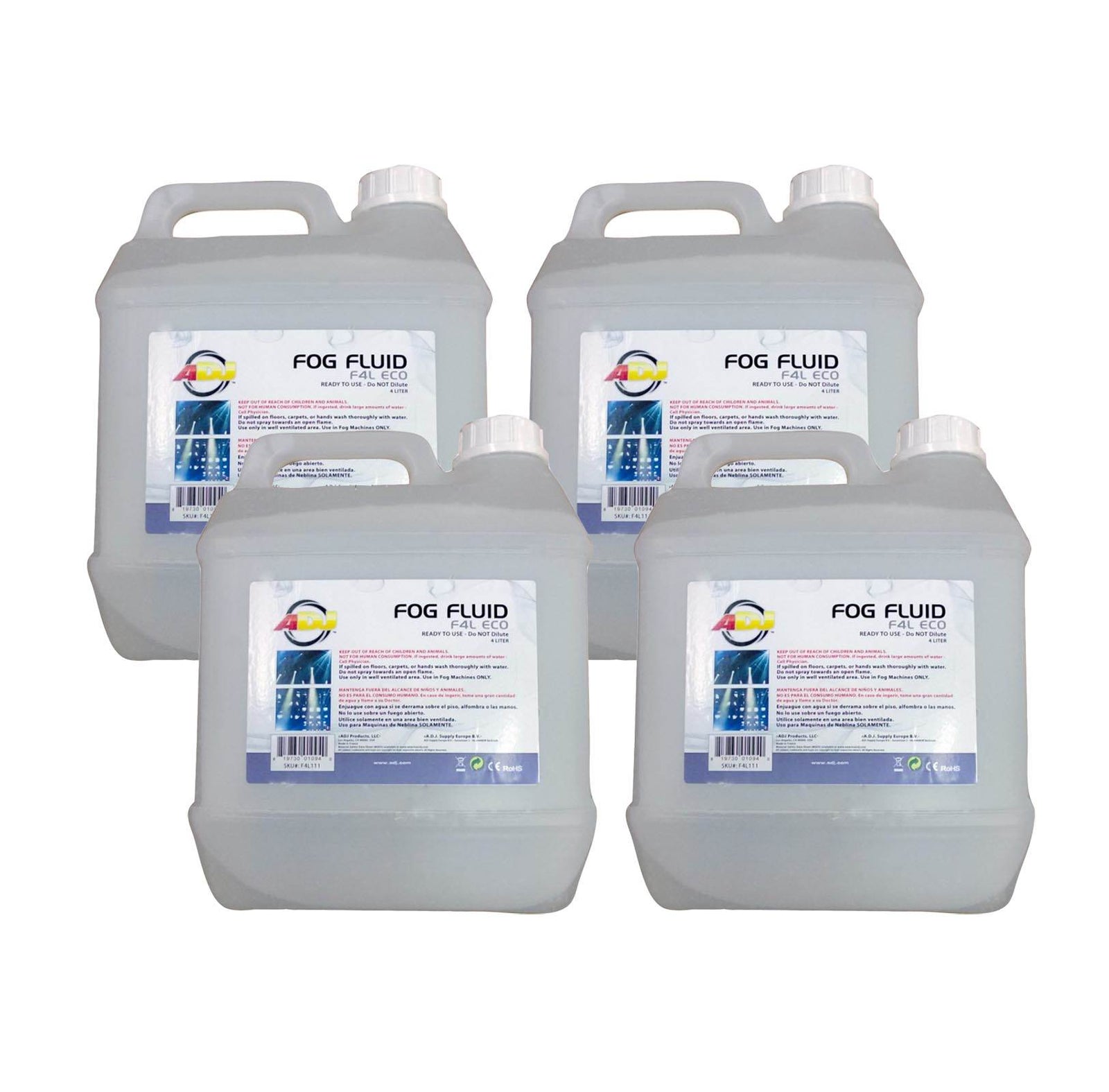 4 x AMERICAN DJ F4L ECO-FOG 4 Liter Bottles of Fog/Smoke Machine Liquid Juice - VMInnovations