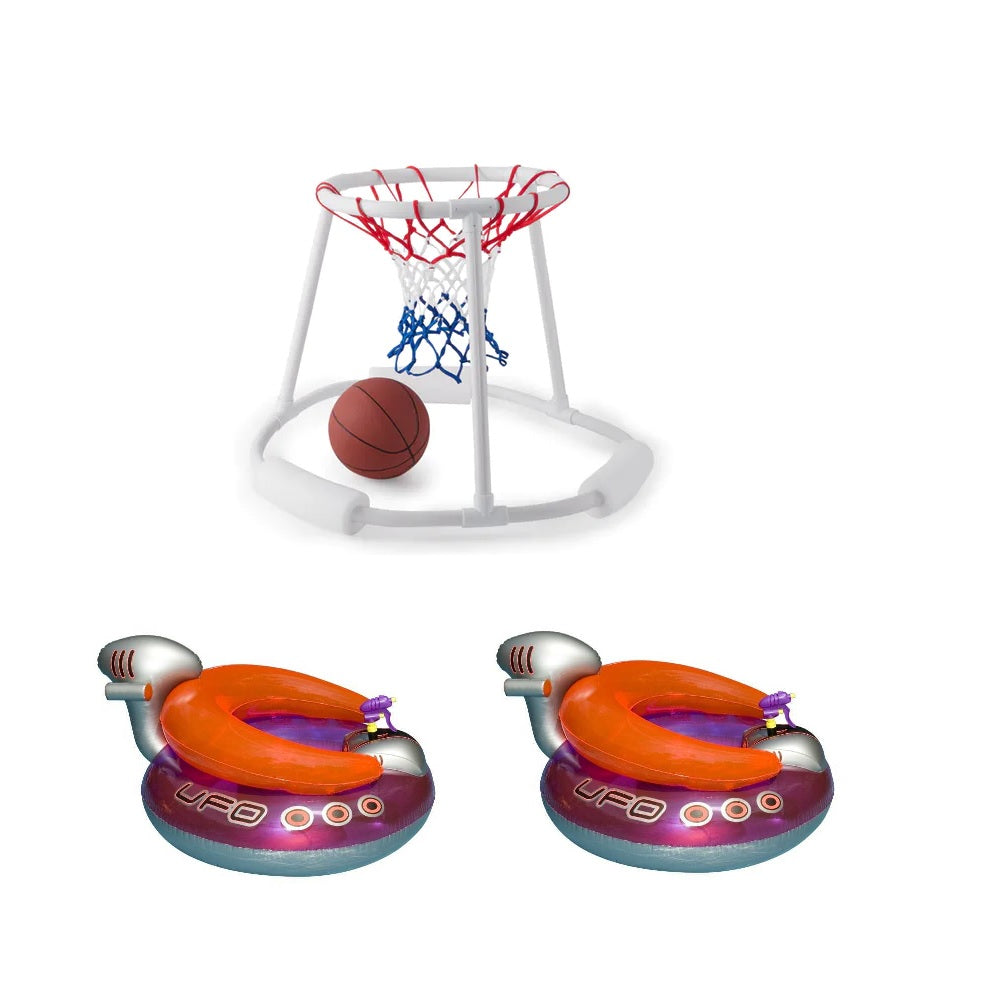 Swimline Pool Basketball Game w/ Ball & UFO Lounge Chair w/ Squirt Gun (2 Pack)