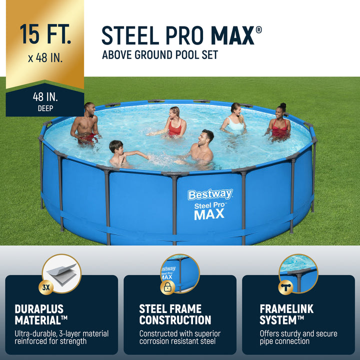 Bestway Steel Pro MAX 15' x 48" Round Above Ground Swimming Pool for Backyard