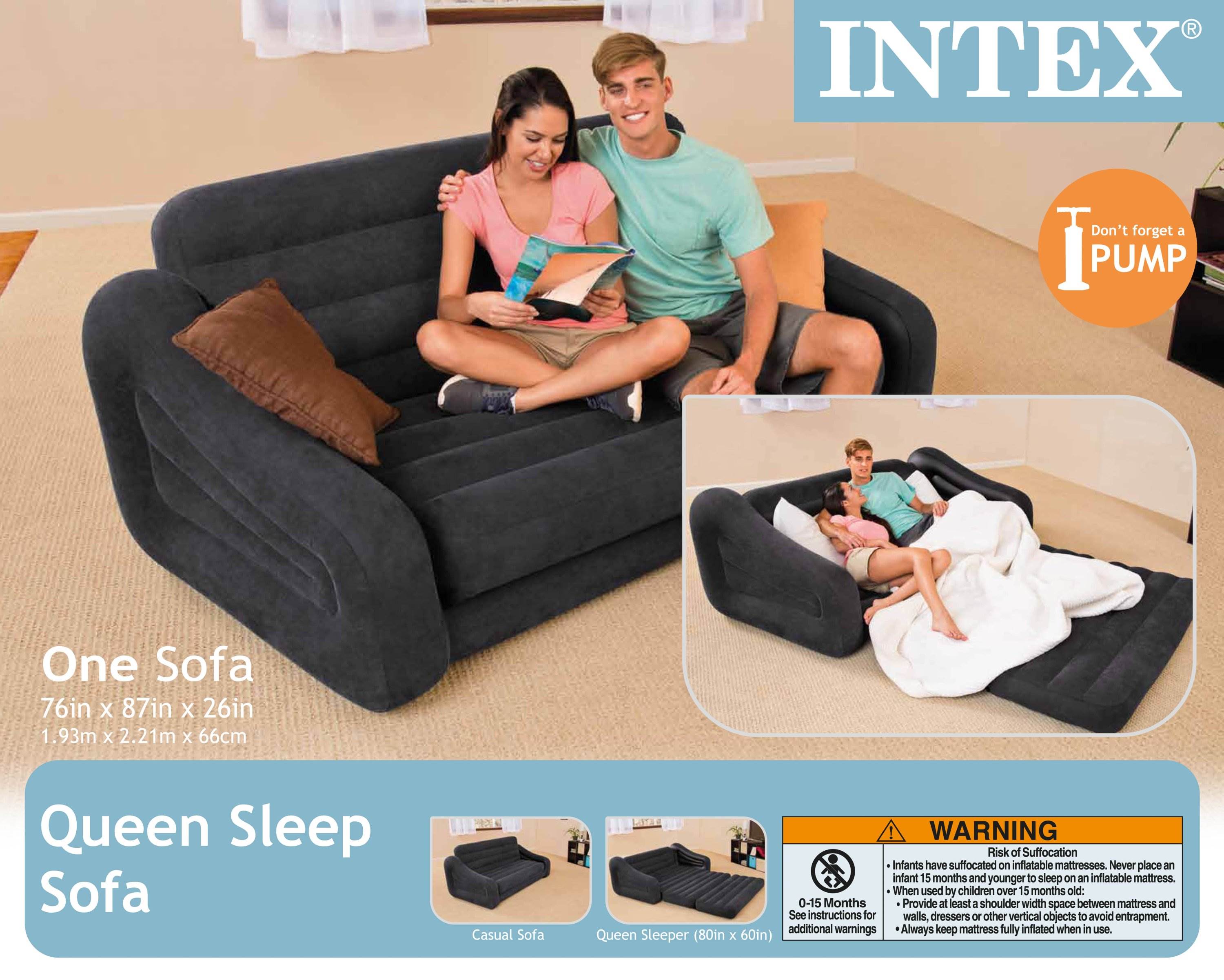 Intex Inflatable Pull-Out Sofa & Queen Bed Mattress Sleeper w/ AC Power Air Pump