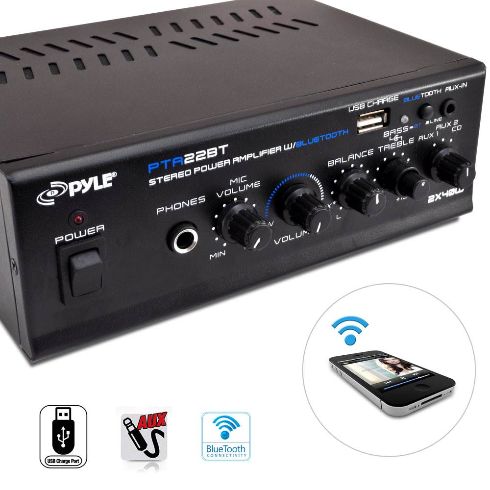 Pyle PTA22BT Mini Bluetooth Home Audio 80 W 2 Channel Amplifier Stereo Receiver