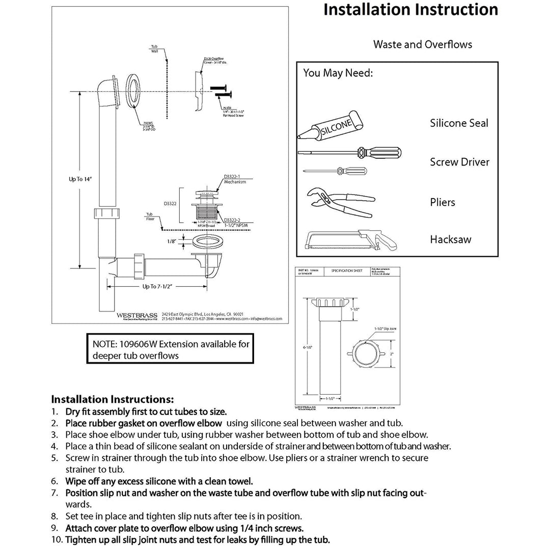 Westbrass Y593144-12 1.5 Inch Tip Toe Bath Waste Drain Kit, Bronze (1 Pack)