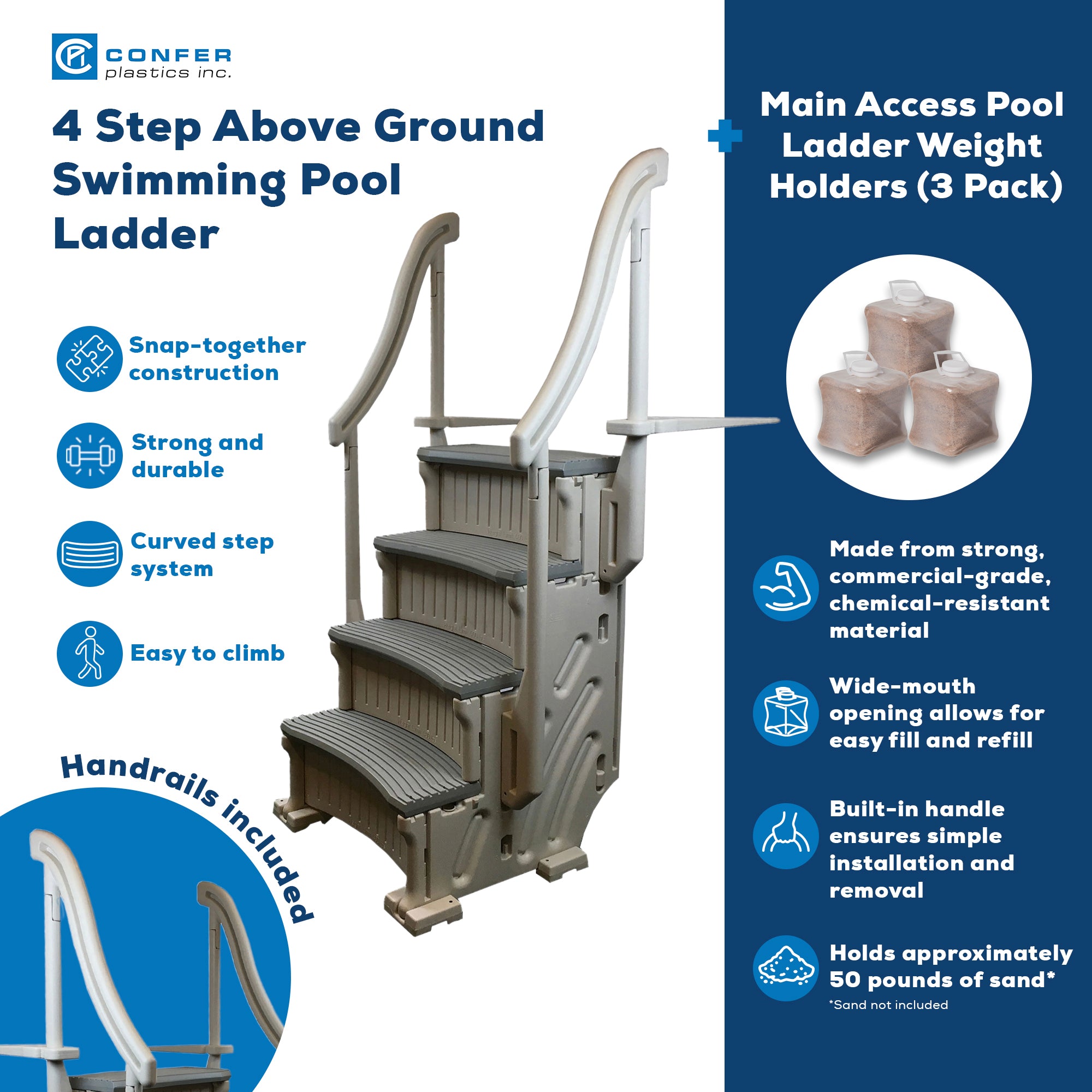 Confer Above Ground Pool Steps w/Main Access Pool Ladder Weight Holders (3 Pack)