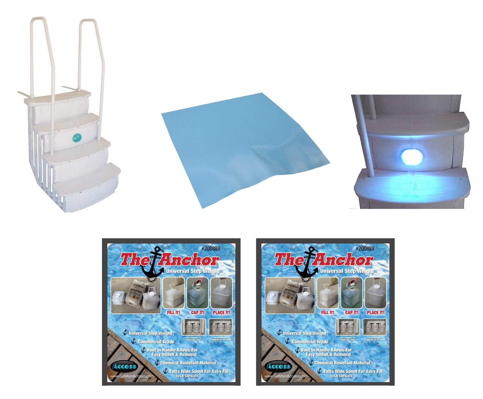 Main Access iStep Above Ground Pool Entry Ladder w/ Pad + 2 Weights + LED Light - VMInnovations