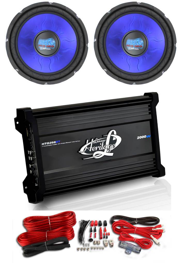 2) Pyle PL1290BL 12" 2400W Car Subwoofers + 2000W Bluetooth 2-Ch Amp + Amp Kit