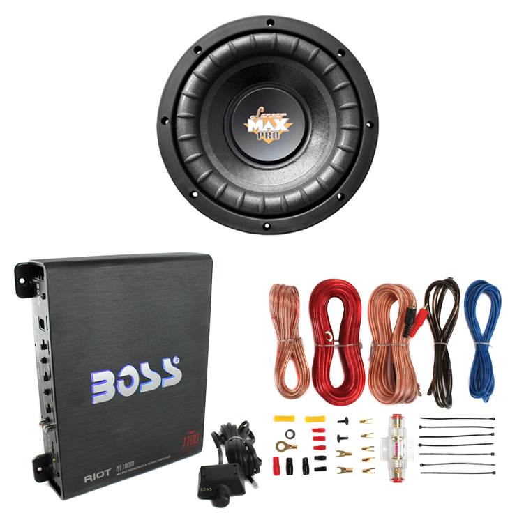 Lanzar 8" 800W Power Car Subwoofer and Boss R1100M 1100W Mono Amp w/ Amp Kit - VMInnovations