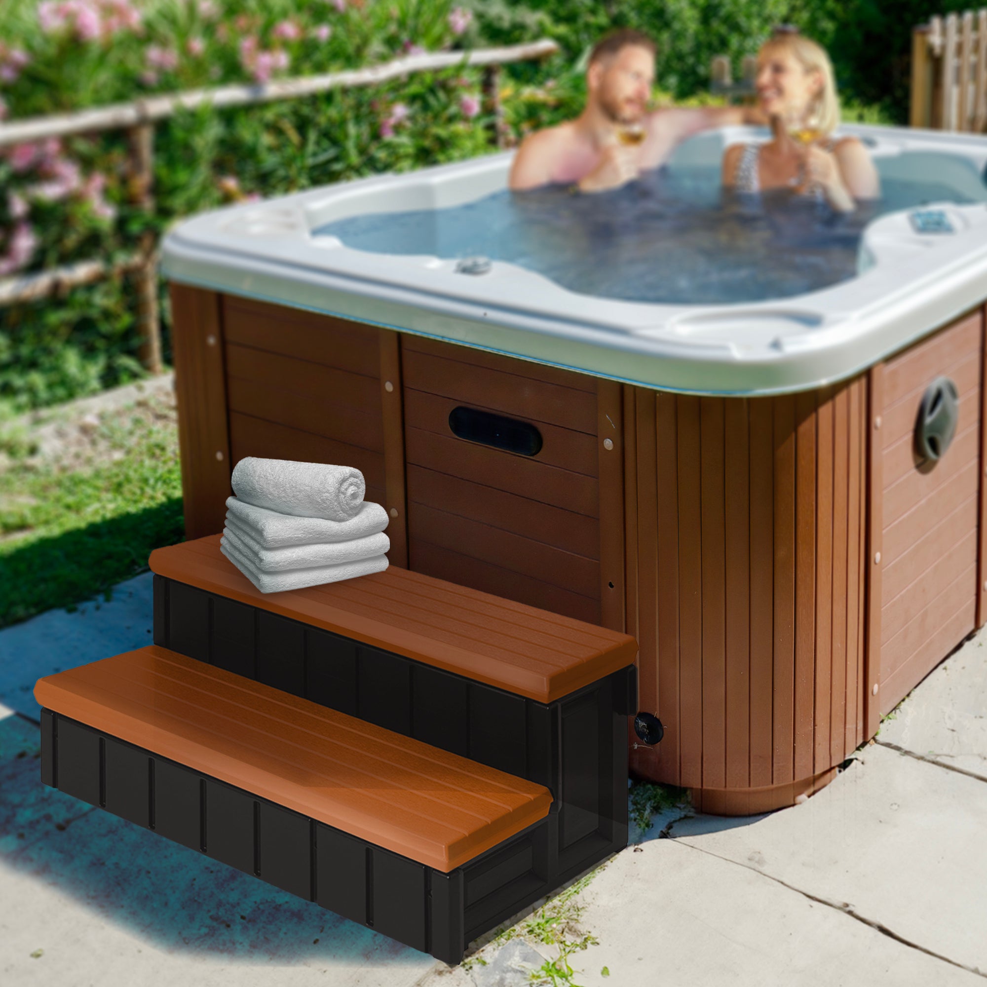 Confer Plastics Leisure Accents Deluxe  36" W Hot Tub Spa Steps, Redwood (Used) - VMInnovations