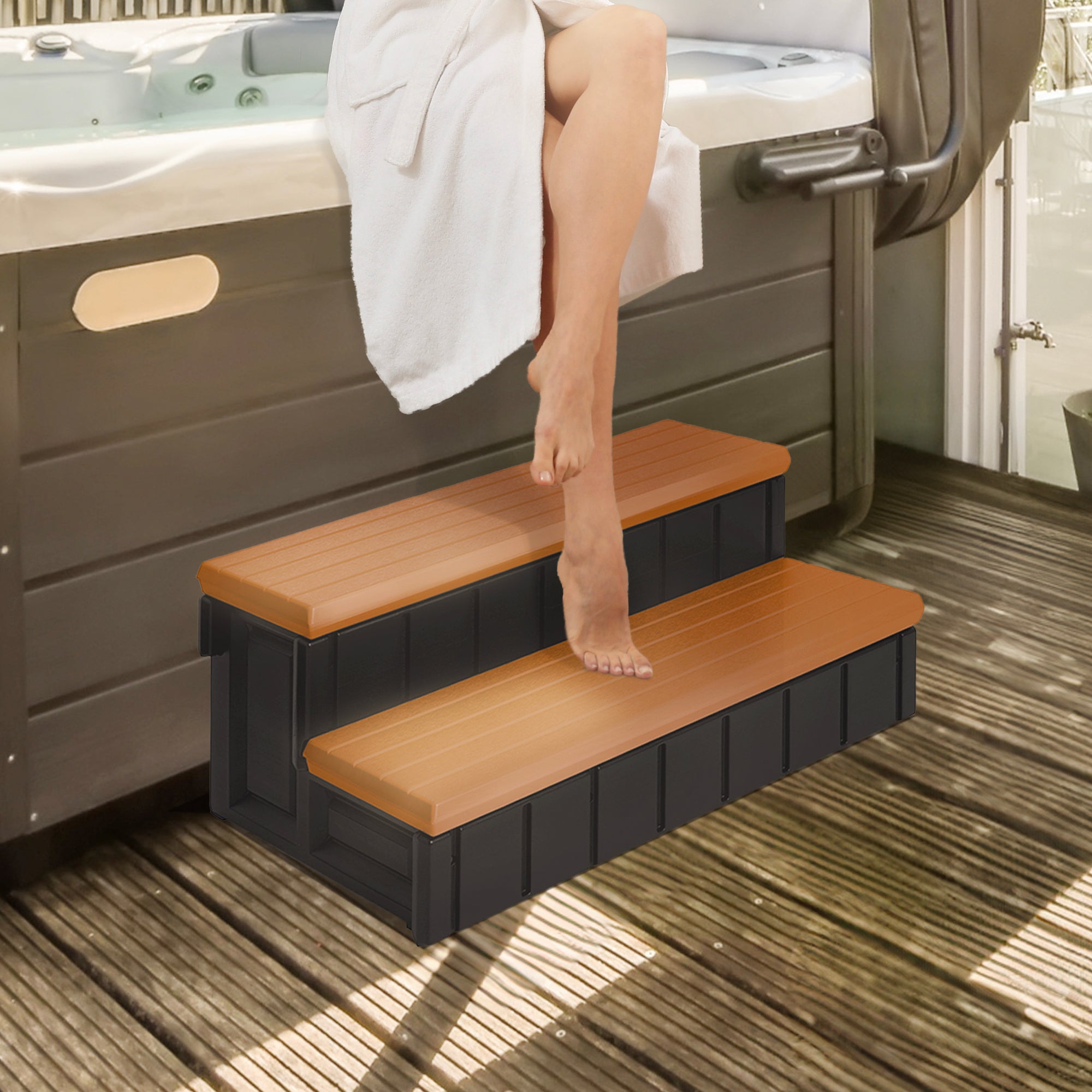 Confer Plastics Leisure Accents Deluxe  36" W Hot Tub Spa Steps, Redwood (Used) - VMInnovations