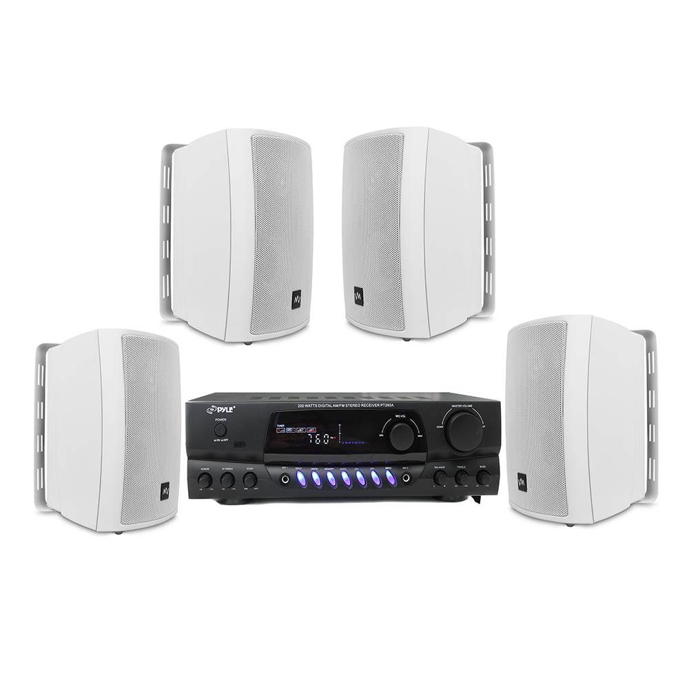 Pyle Pro 200 Watt Home Amp + 4 VM Audio Outdoor Speakers | PT260A + 2 x SR-WOD4