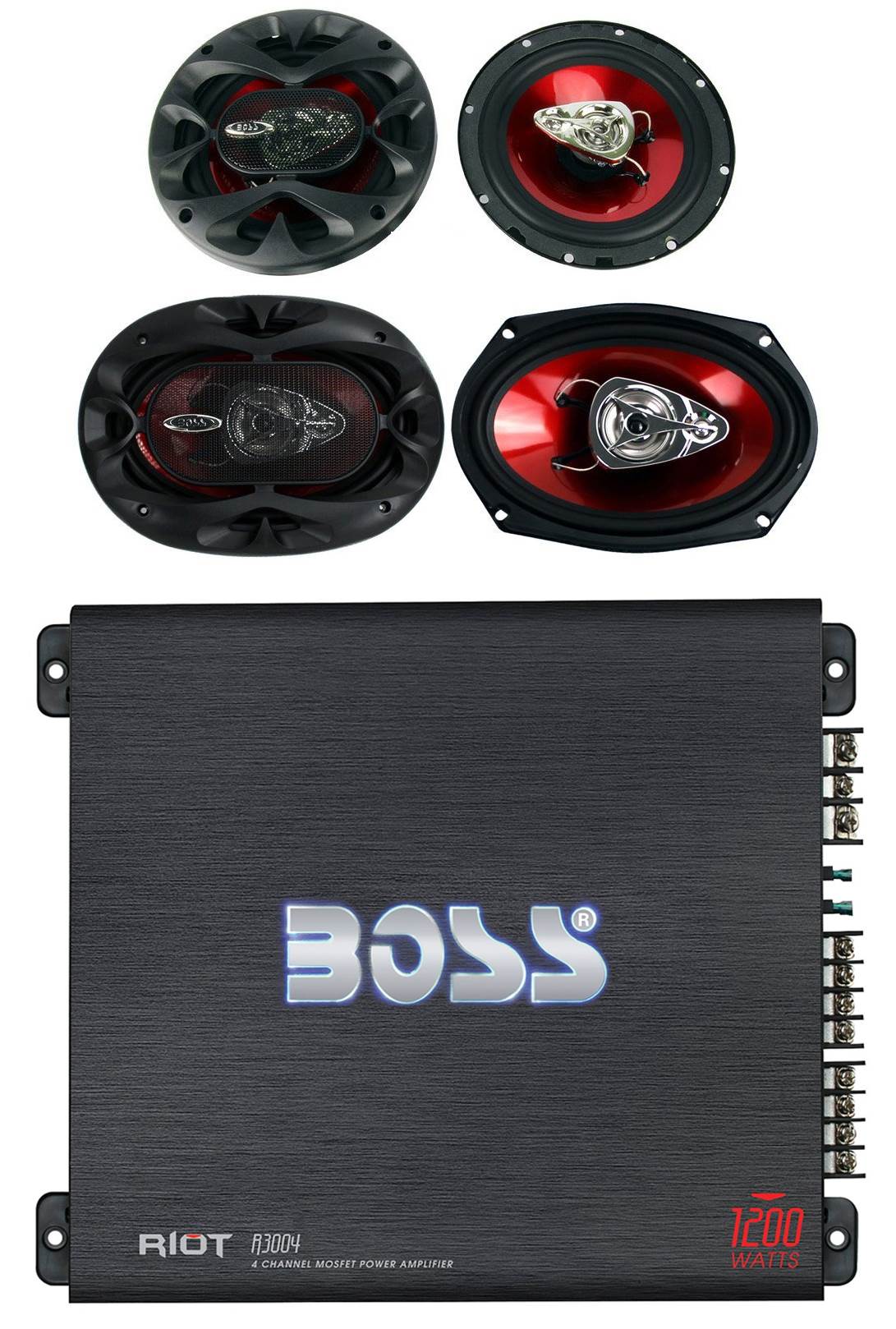 2) Boss CH6530 6.5" 300W + 2) CH6930 6x9" 350W 3-Way Speakers + R3004 1200W Amp