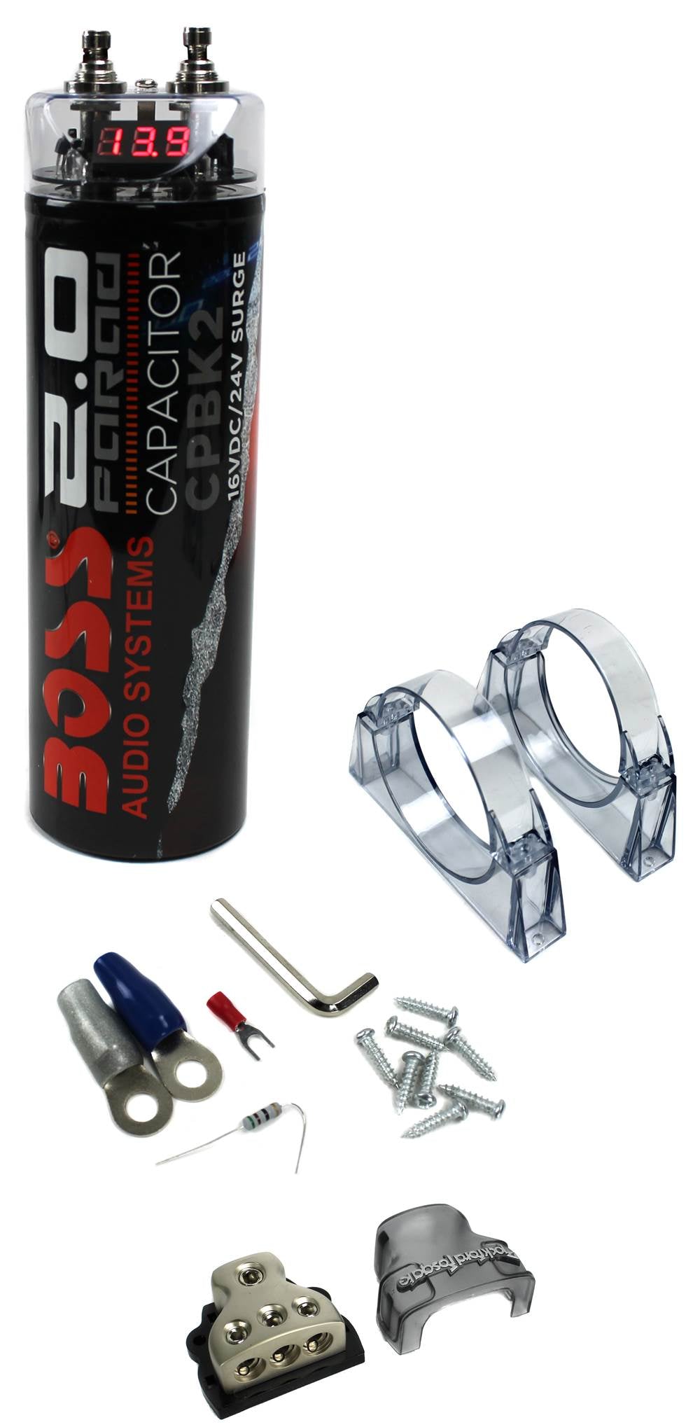 BOSS Audio CPBK2 2 Farad Digital Voltage Capacitor Audio LED, Distribution Block