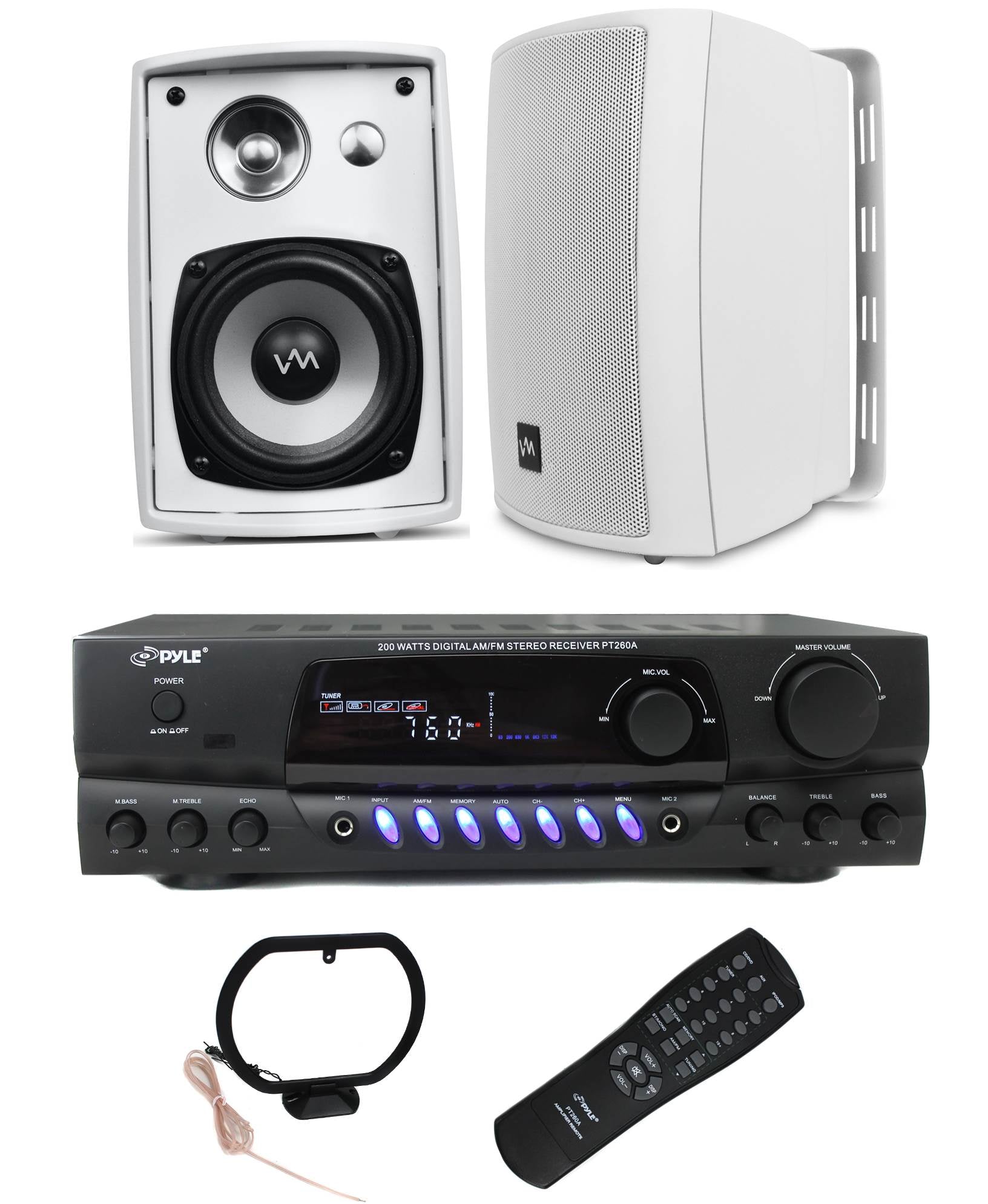 2) VM Audio SR-WOD4 Outdoor Speakers + Pyle Pro PT260A 200W Home Amplifier - VMInnovations