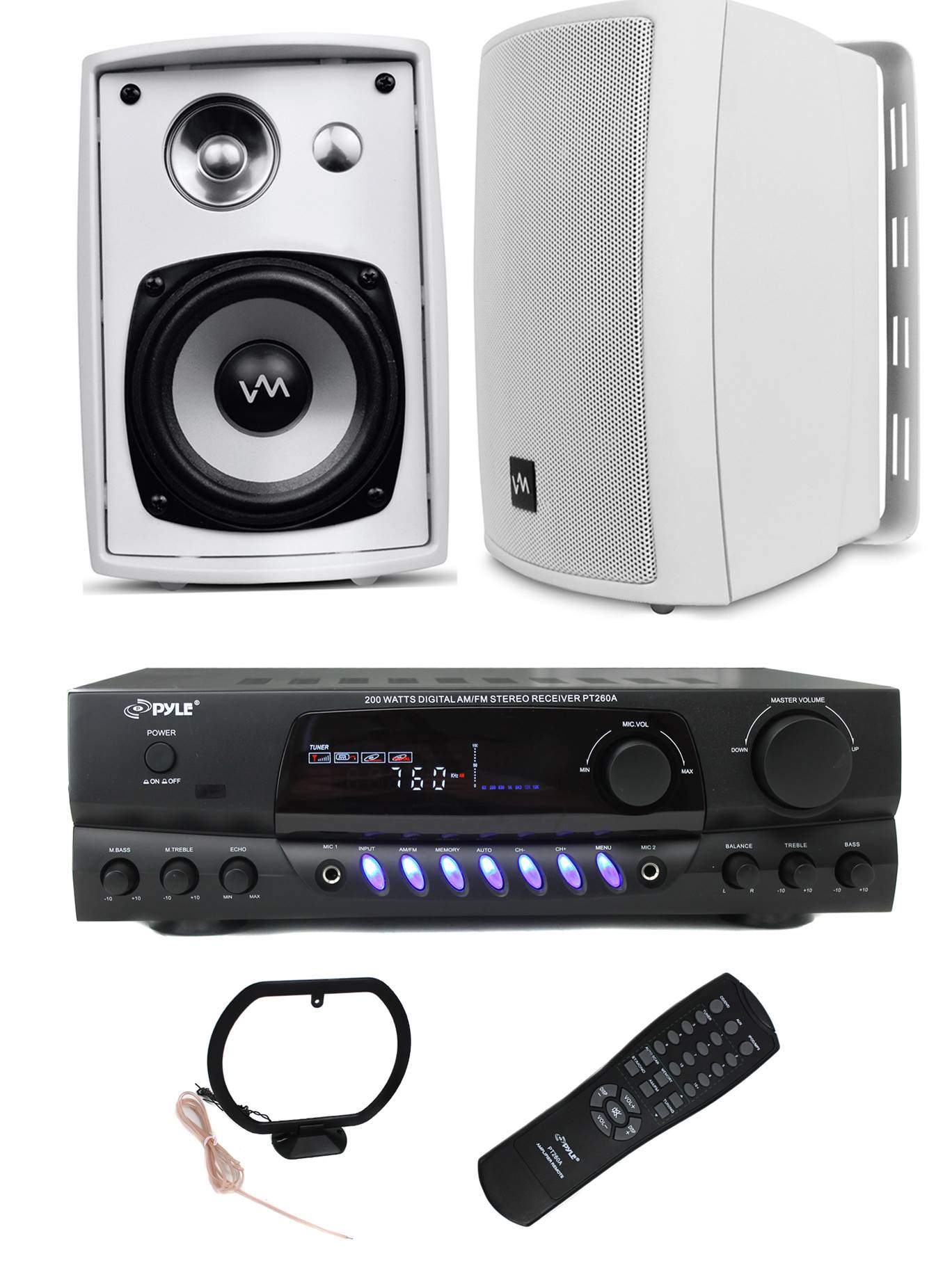 2 VM Audio SR-WOD5 Outdoor Speakers + PT260AU Home Amplifier Receiver Stereo