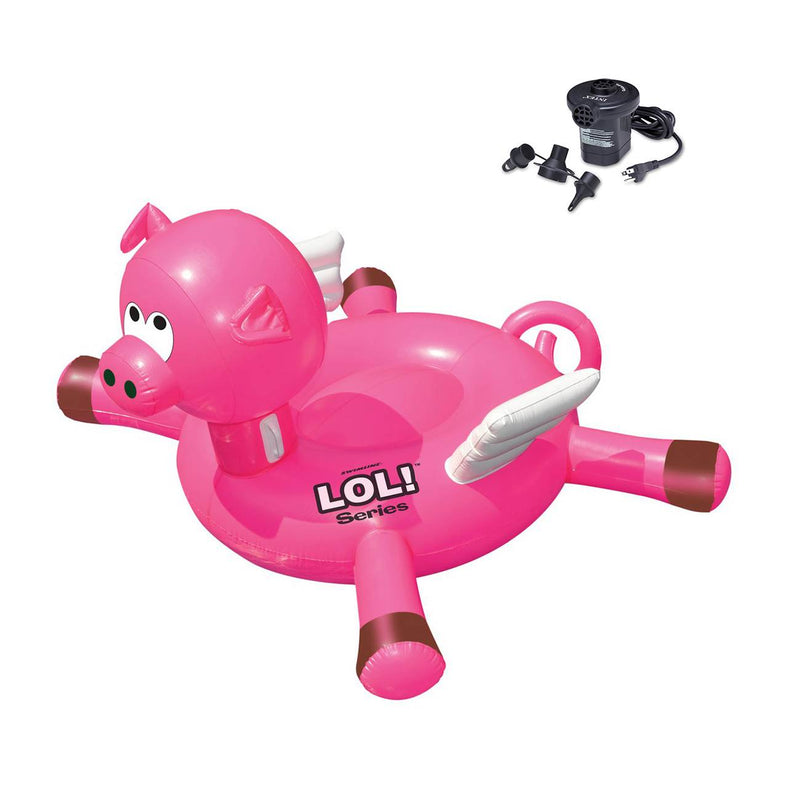 Swimline LOL! Series Giant Inflatable Ride-On Flying Pig Pool Float + Air Pump - VMInnovations