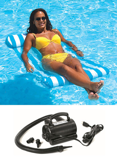 Swimline Premium Floating Pool Blue Hammock Lounge Chair w/ Electric Air Pump - VMInnovations