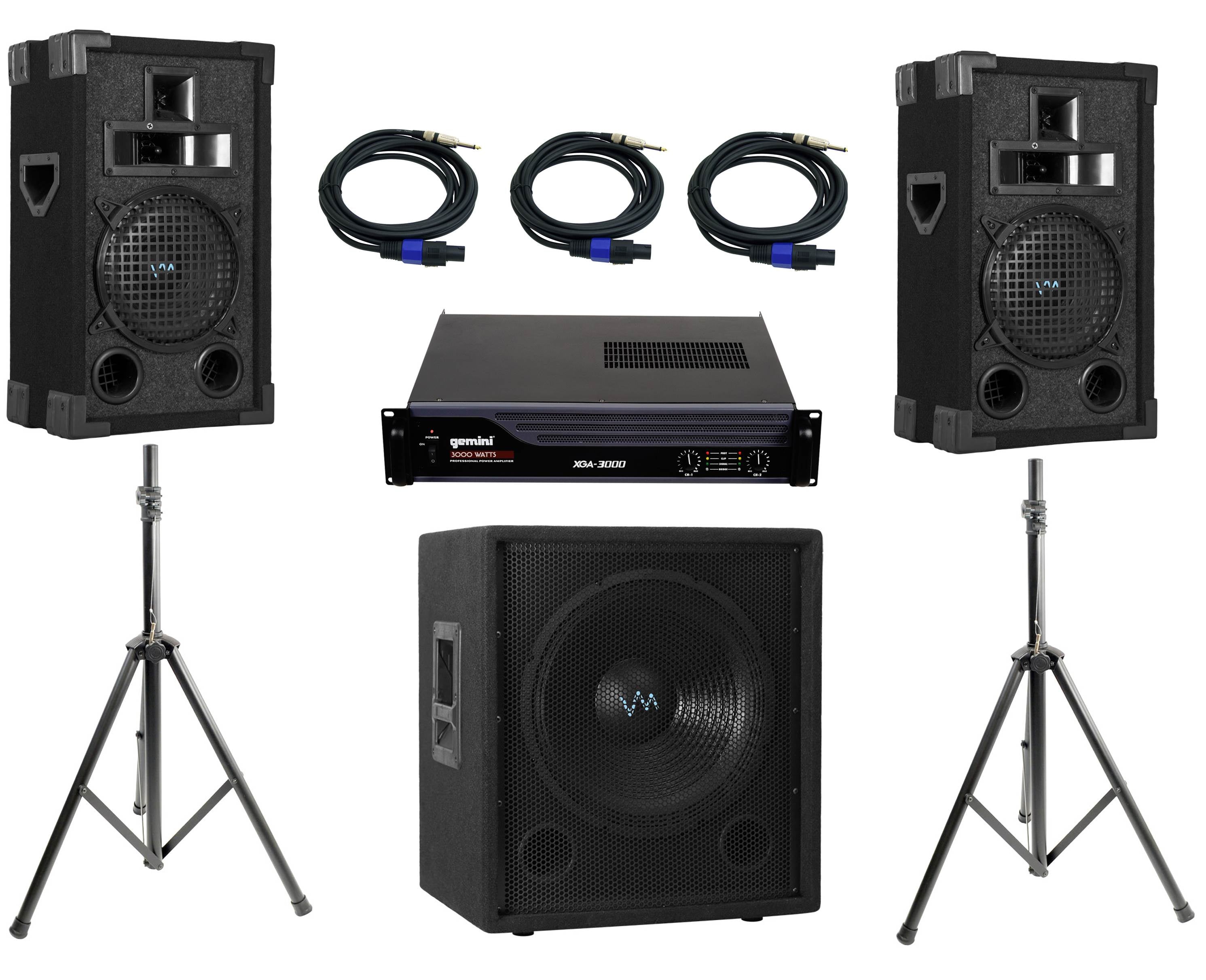 Full VM Audio DJ System Includes VAS38P DJ Speakers + 12" DJ Sub + Amp + Cables