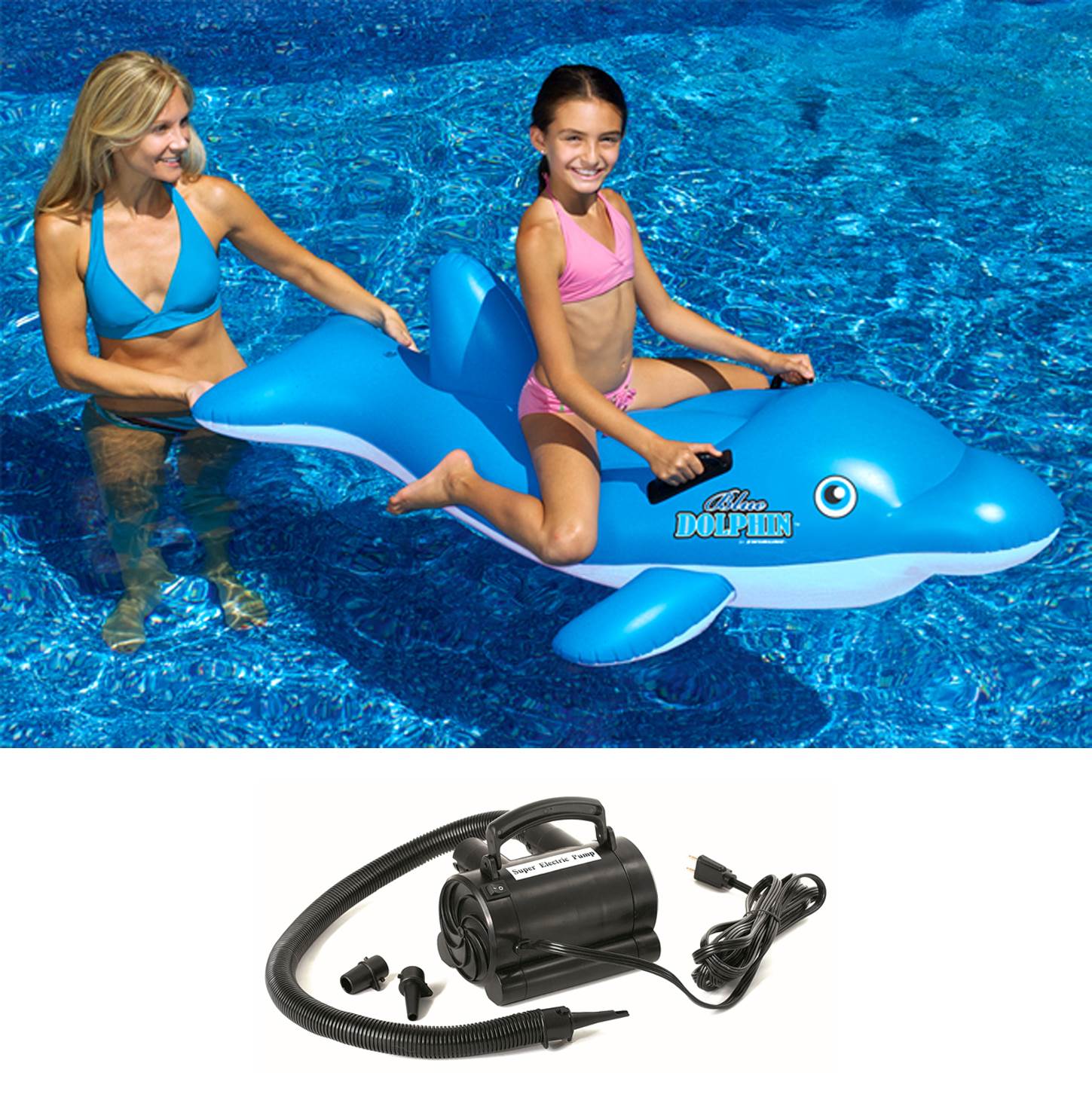 Swimline 90453 Swimming Pool Inflatable Dolphin Ride-On Toy + 110V Air Pump - VMInnovations