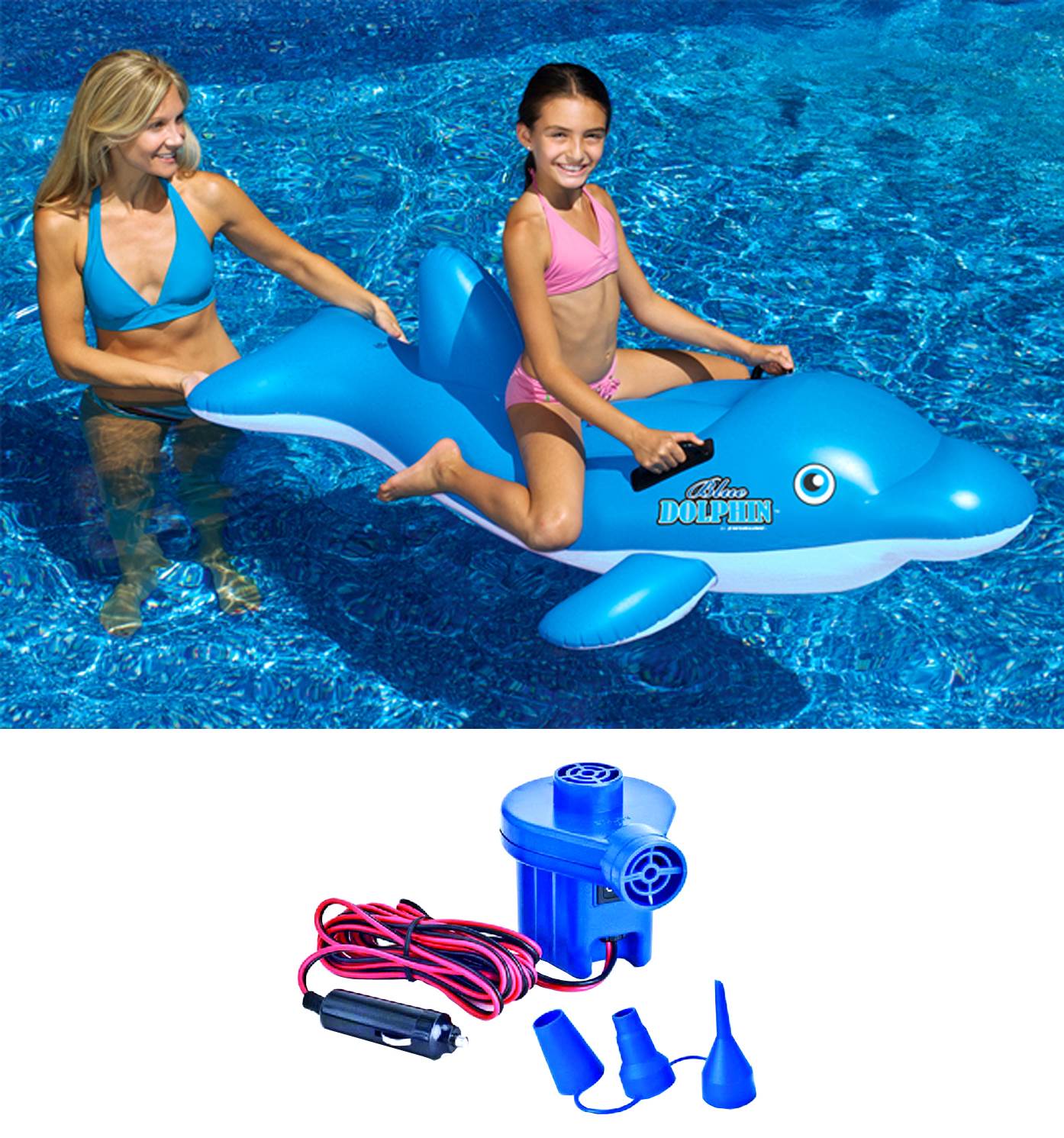 Swimline 90453 Swimming Pool Inflatable Dolphin Ride-On Toy + 12V Air Pump