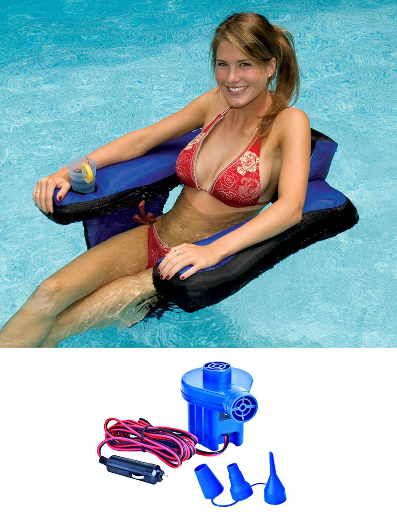 Swimline 90465 Inflatable Nylon Fabric Covered Pool Chair w/ 12 Volt Air Pump - VMInnovations