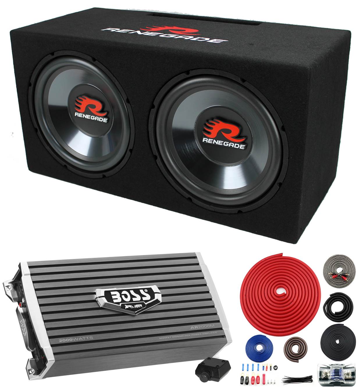 2) Renegade RXV1202 12" 1200W Car Subwoofers +Box + AR2000M 2000W Mono Amp + Kit