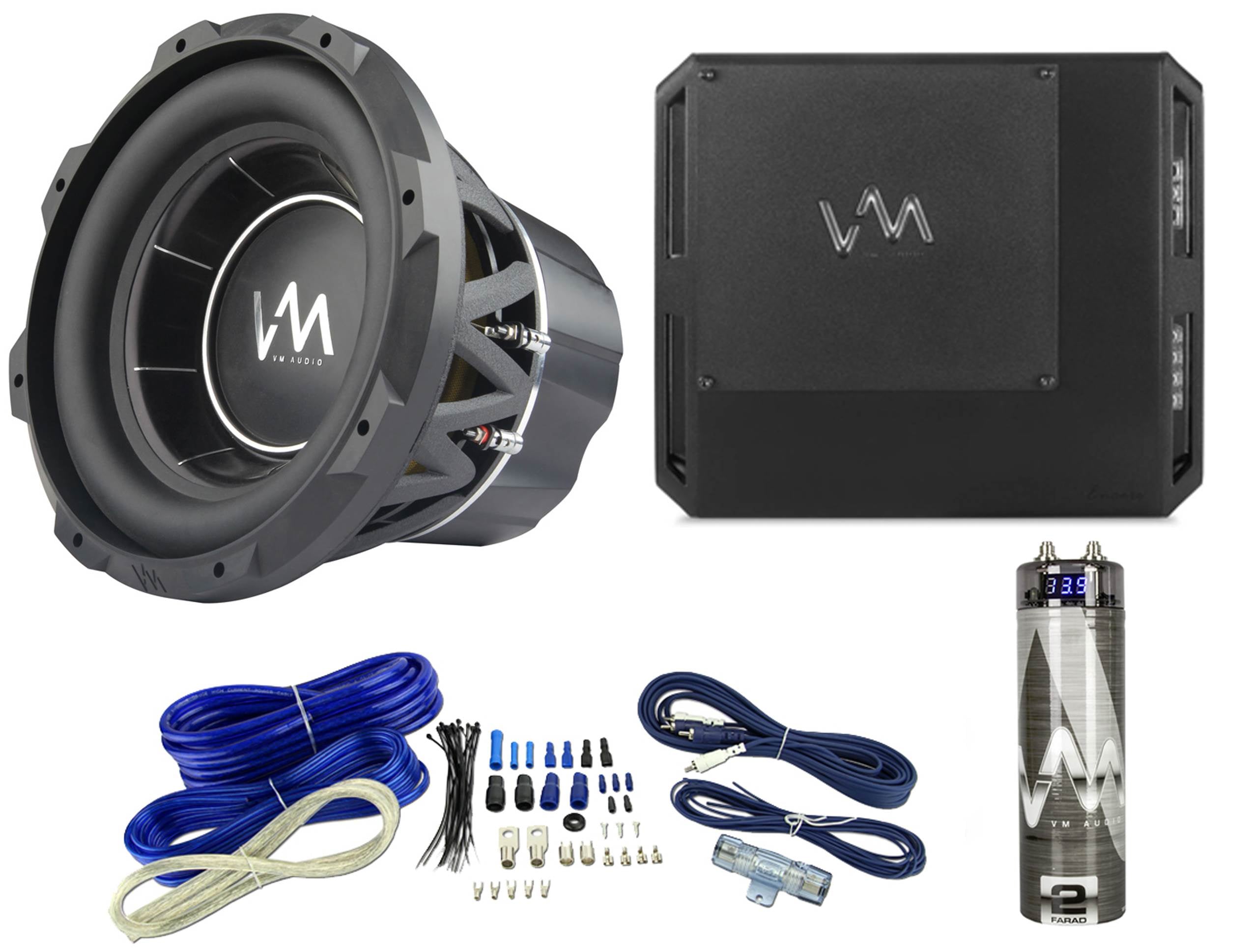VM Audio ECW100 Encore Comp Sub + ECD1500.1 Class D Amplifier + Wiring + Cap