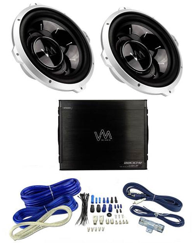 2) VM Audio SRW12 12" Subwoofers + SRA2200.1 2200W Mono Amplifier + Wiring Kit