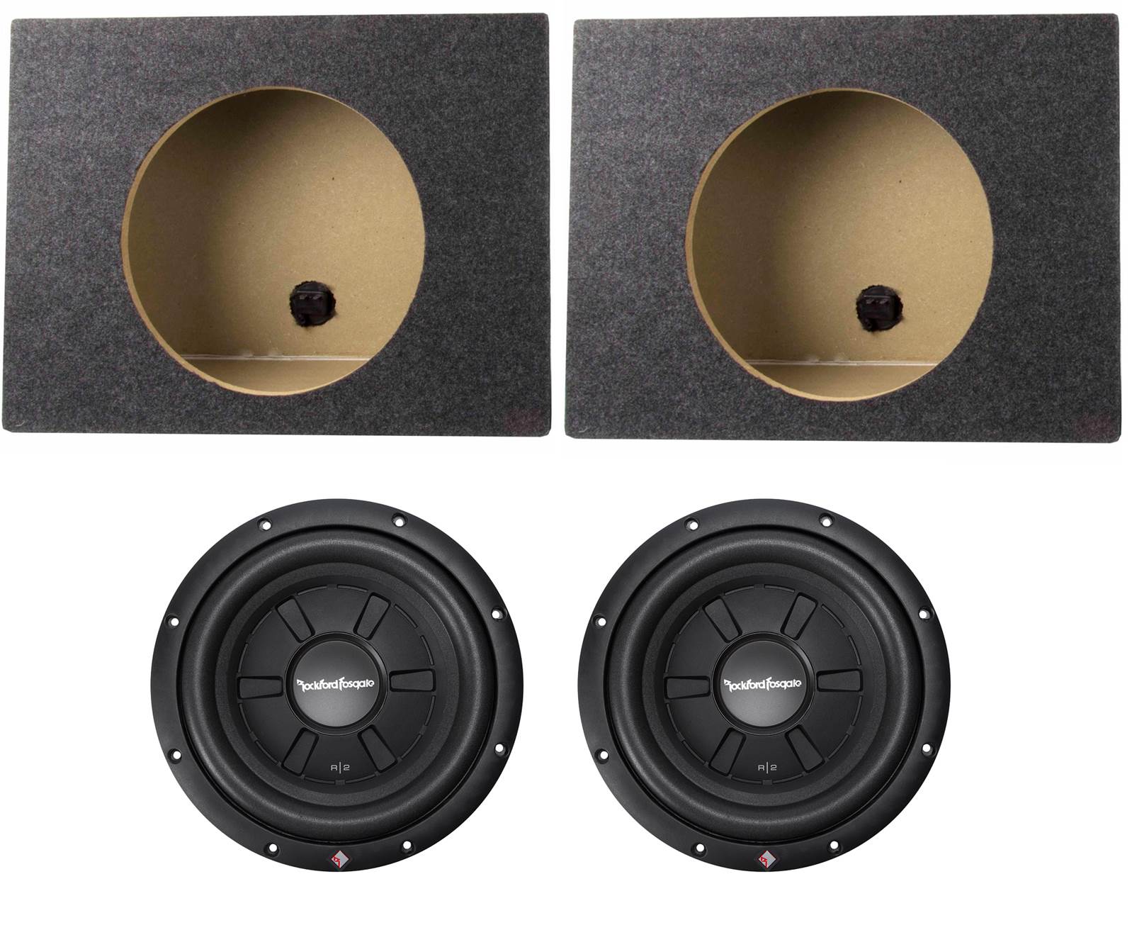 2 Rockford Fosgate 10" 800W Car Shallow Subs and 2 Single Sealed Enclosures