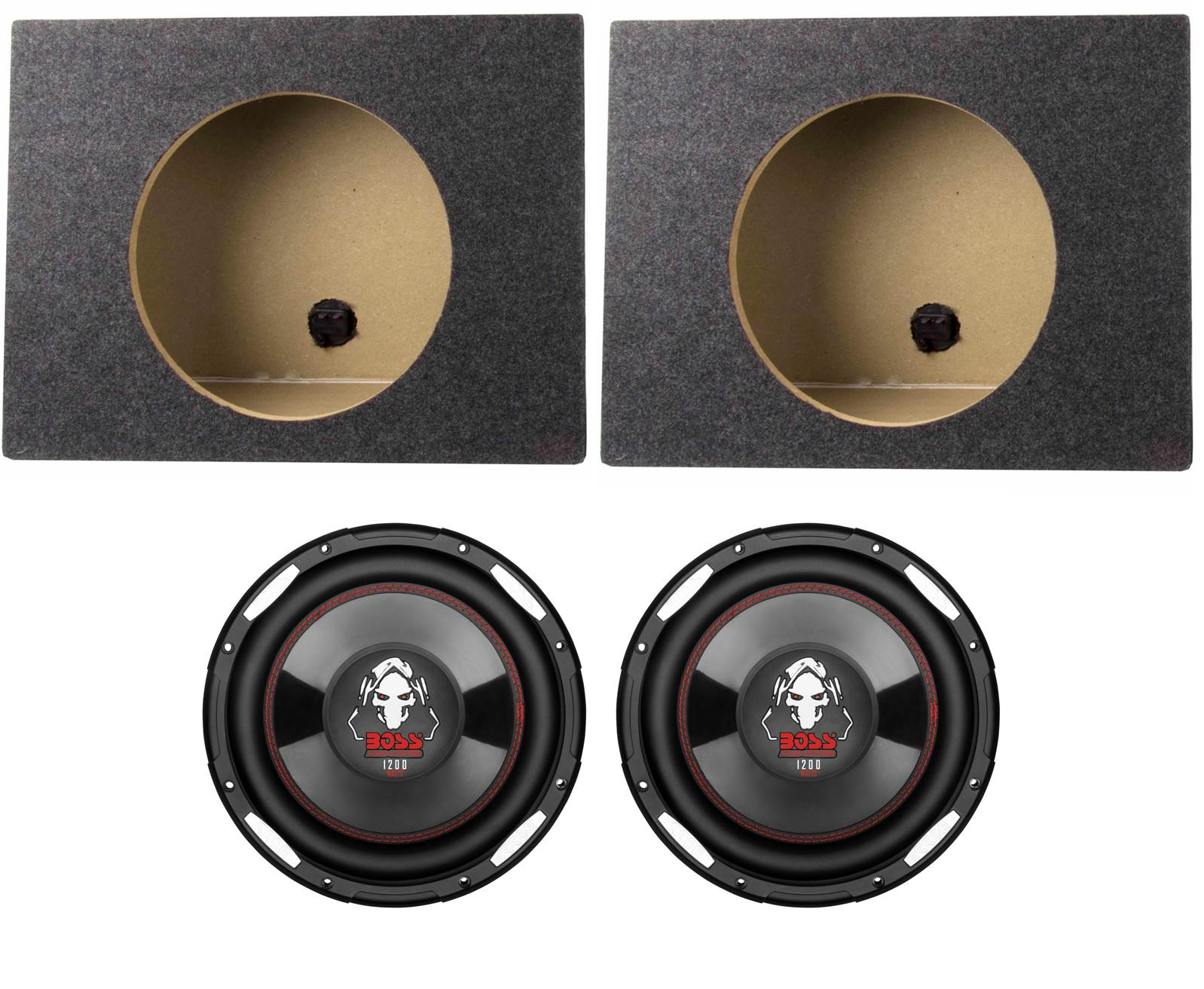 2) Boss P100F 10" 2400W Car Shallow/Slim Subwoofer + 2) 10" Single Sealed Boxes
