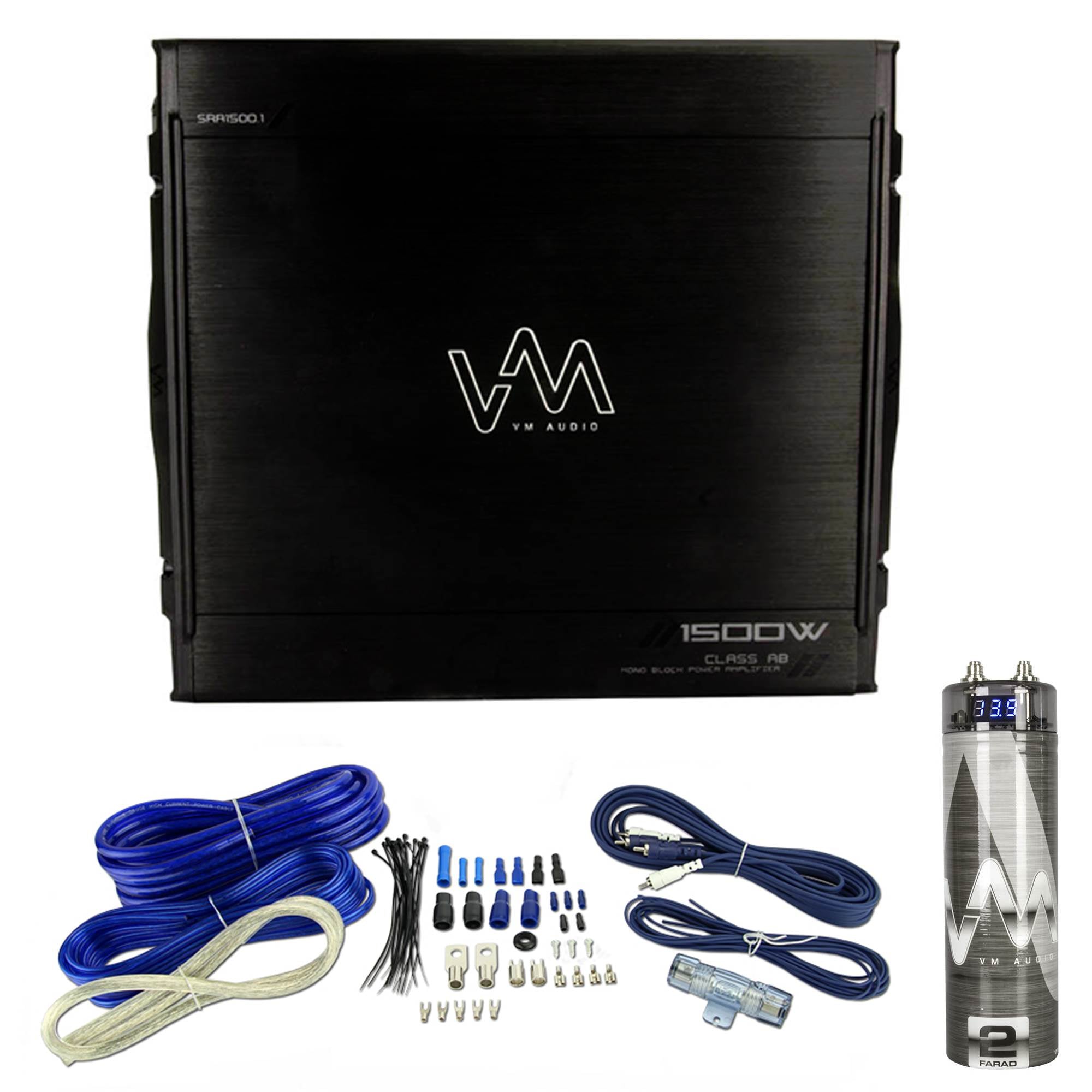 VM Audio SRA1500.1 1500W Mono Car Amplifier + Remote + Wiring Kit + Capacitor