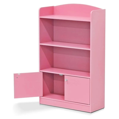 Furinno KidKanac Bookshelf Bookcase with 3 Shelves and Storage Cabinet, Pink - VMInnovations